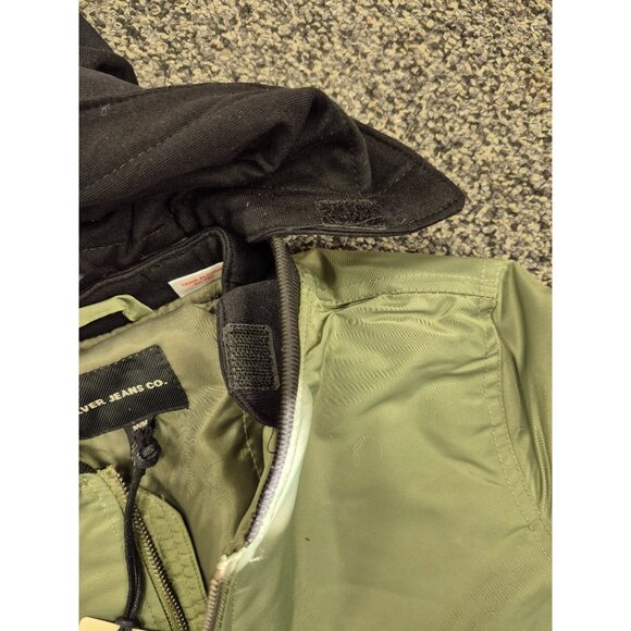 Kids Olive Green Removable Hooded Bomber Jacket Size Medium 10/12 With Pockets & - Picture 11 of 11